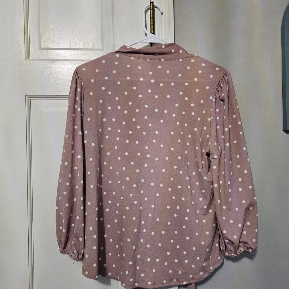 Adrianna Papell Pink Polka Dot Blouse with Bow - Picture 4 of 6